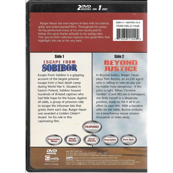 Rutger Hauer Double Feature DVD: Escape From Sobibor & Beyond Justice DVD4504 - Picture 2 of 2